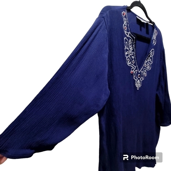 Cathy Daniels 1X 100% Viscose Beaded V Neck Ribbed Blouse Boho Embellished - Picture 4 of 8